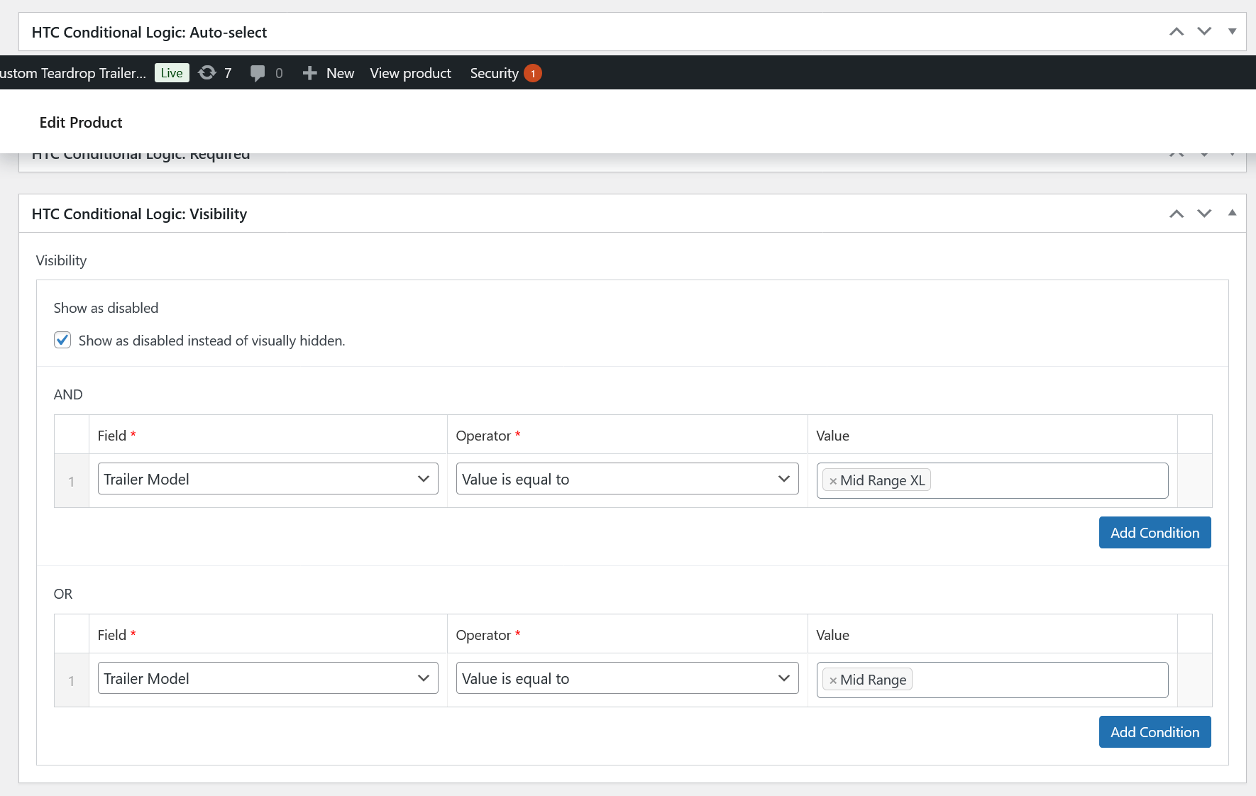 ht-conditional-logic-example Example of custom conditional logic that can be set for products in the builder.